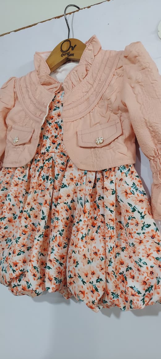 Blush Pink Floral Dress with Cropped Ruffle Jacket & Matching Trouser – Girls 3 Piece Outfit QC7069 - QC7069