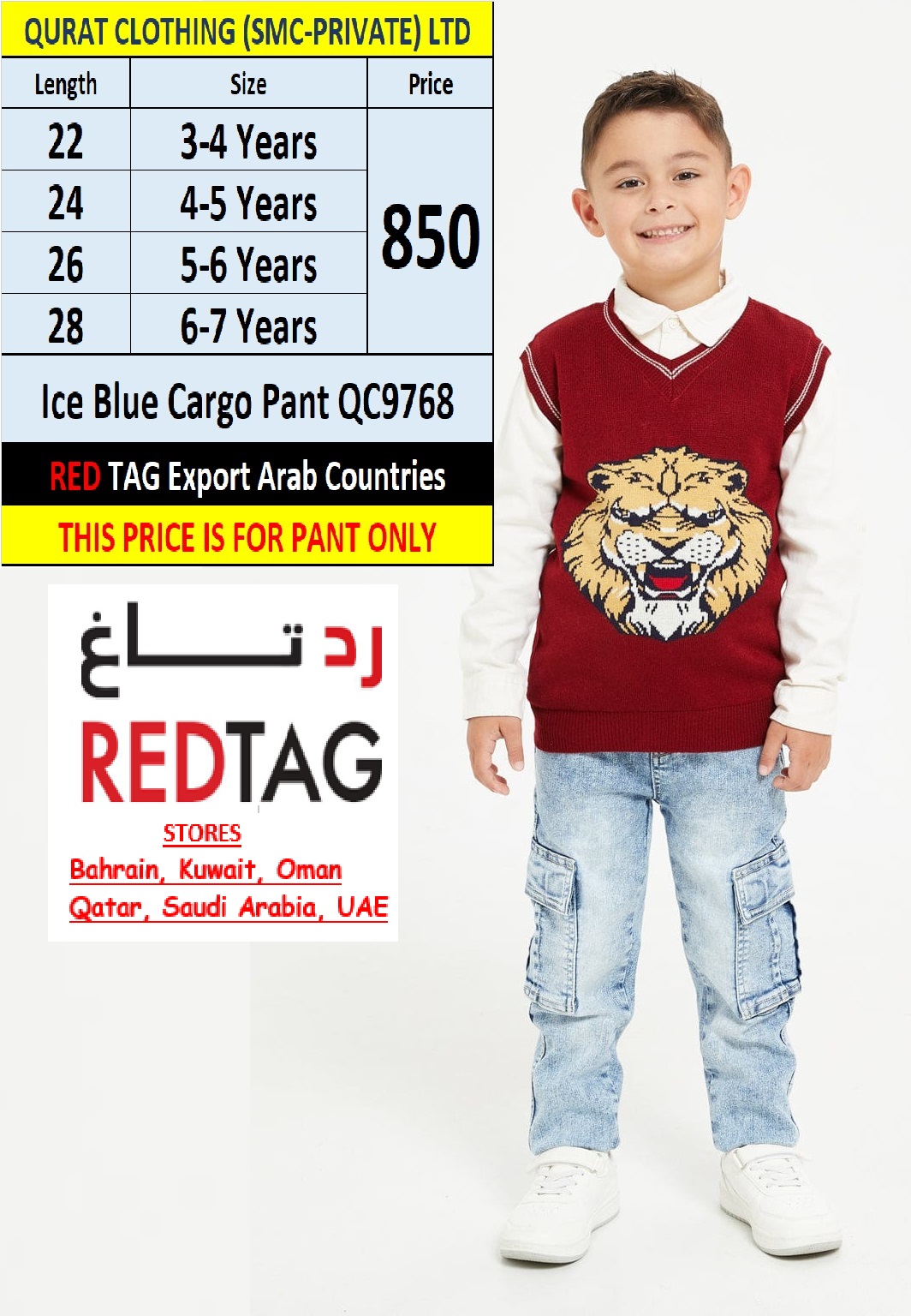 RED TAG Brand Ice Blue Cargo Pant QC9768 Export Arab Countries - QC9768
