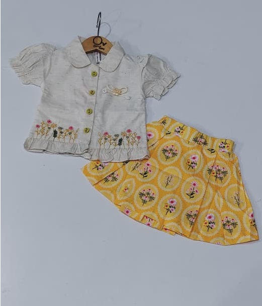 Girls Embroidered Collar Shirt & Yellow Floral Skirt 2-Piece Outfit – Cute Kids Summer Dress – QC10216 - QC10216