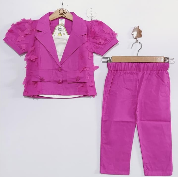 Hot Pink 3-Piece Formal Suit Set – Floral Sleeve Blazer, White Rhinestone Bow Top & Trousers QC7086 - QC7086