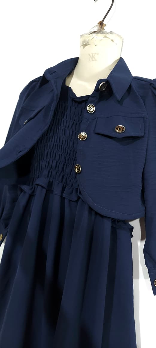 Girls Navy Blue Smocked Chiffon Maxi Dress with Cropped Button-Down Jacket – 2 Piece Formal Set QC7065 - QC7065