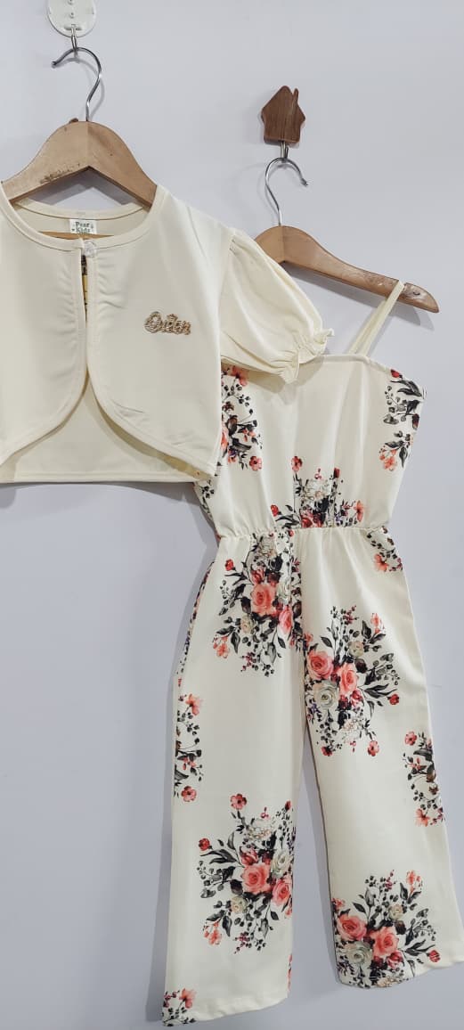 Girls Cream Rose Floral Jumpsuit with Chicc Bolero Jacket Party Outfit – QC10271 - QC10271