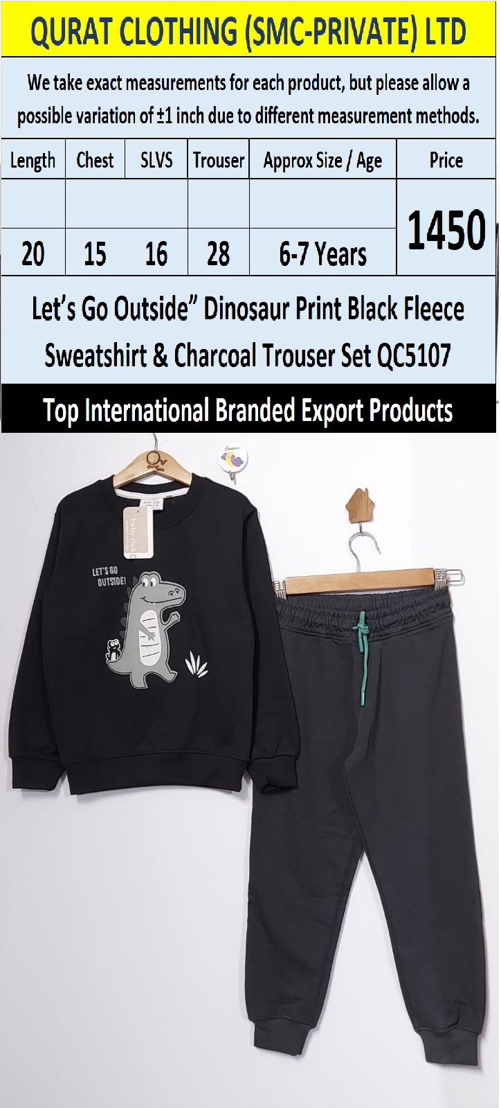 “Let’s Go Outside” Dinosaur Print Black Fleece Sweatshirt & Charcoal Trouser Set QC5107 – Top International Branded Export Product - QC5107
