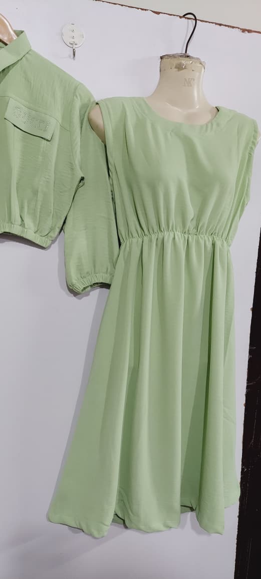 Pistachio Green Girls 2-Piece Zip Jacket & Elastic Waist Maxi Dress Set – Embellished Pocket Detail QC7058 - QC7058
