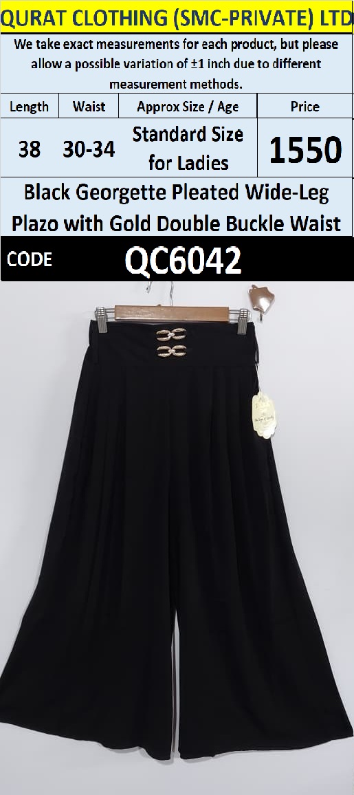 Black Georgette Pleated Wide-Leg Plazo with Gold Double Buckle Waist – QC6042 - QC6042