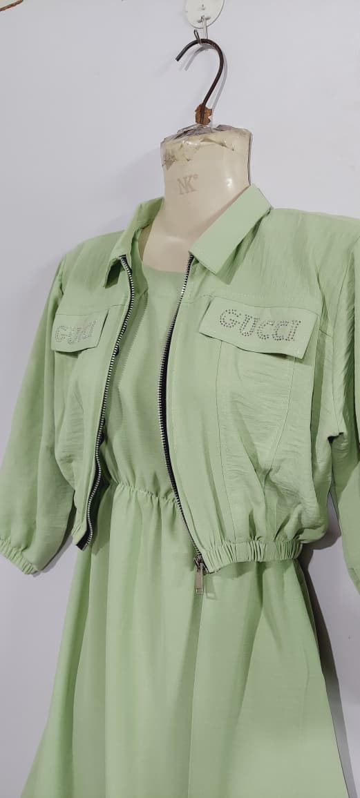 Pistachio Green Girls 2-Piece Zip Jacket & Elastic Waist Maxi Dress Set – Embellished Pocket Detail QC7058 - QC7058