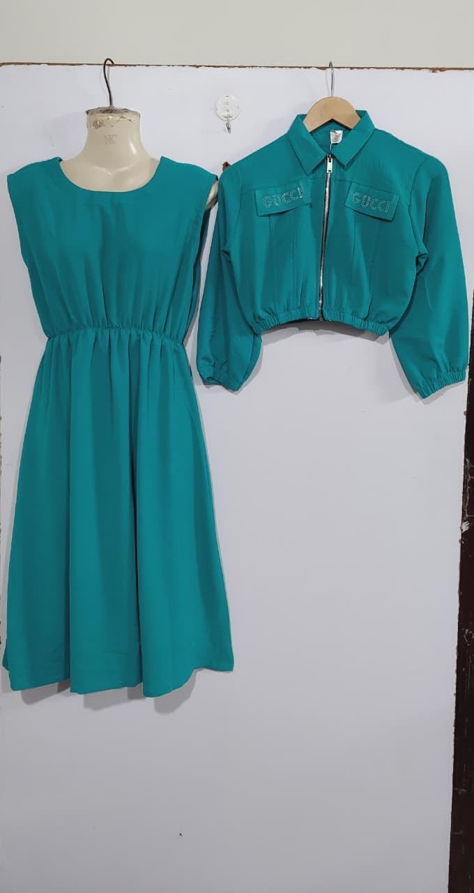 Emerald Teal Green Girls 2-Piece Zip Jacket & Elastic Waist Maxi Dress Set – Embellished Pocket Detail QC7059 - QC7059