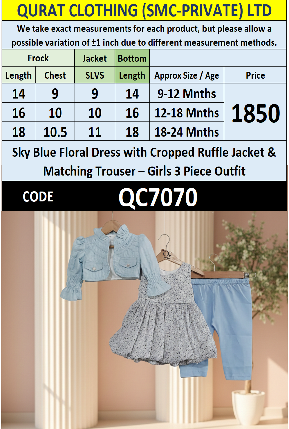 Sky Blue Floral Dress with Cropped Ruffle Jacket & Matching Trouser – Girls 3 Piece Outfit QC7070 - QC7070