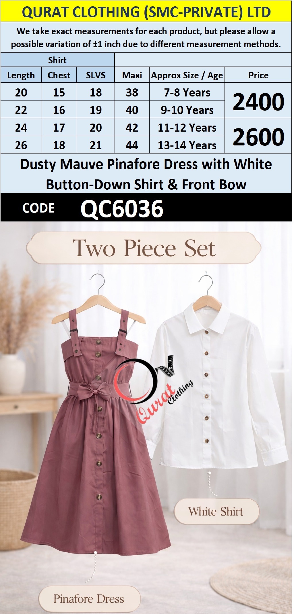 Dusty Mauve Pinafore Dress Two Piece Set with White Button-Down Shirt & Front Bow Detail – QC6036 - QC6036