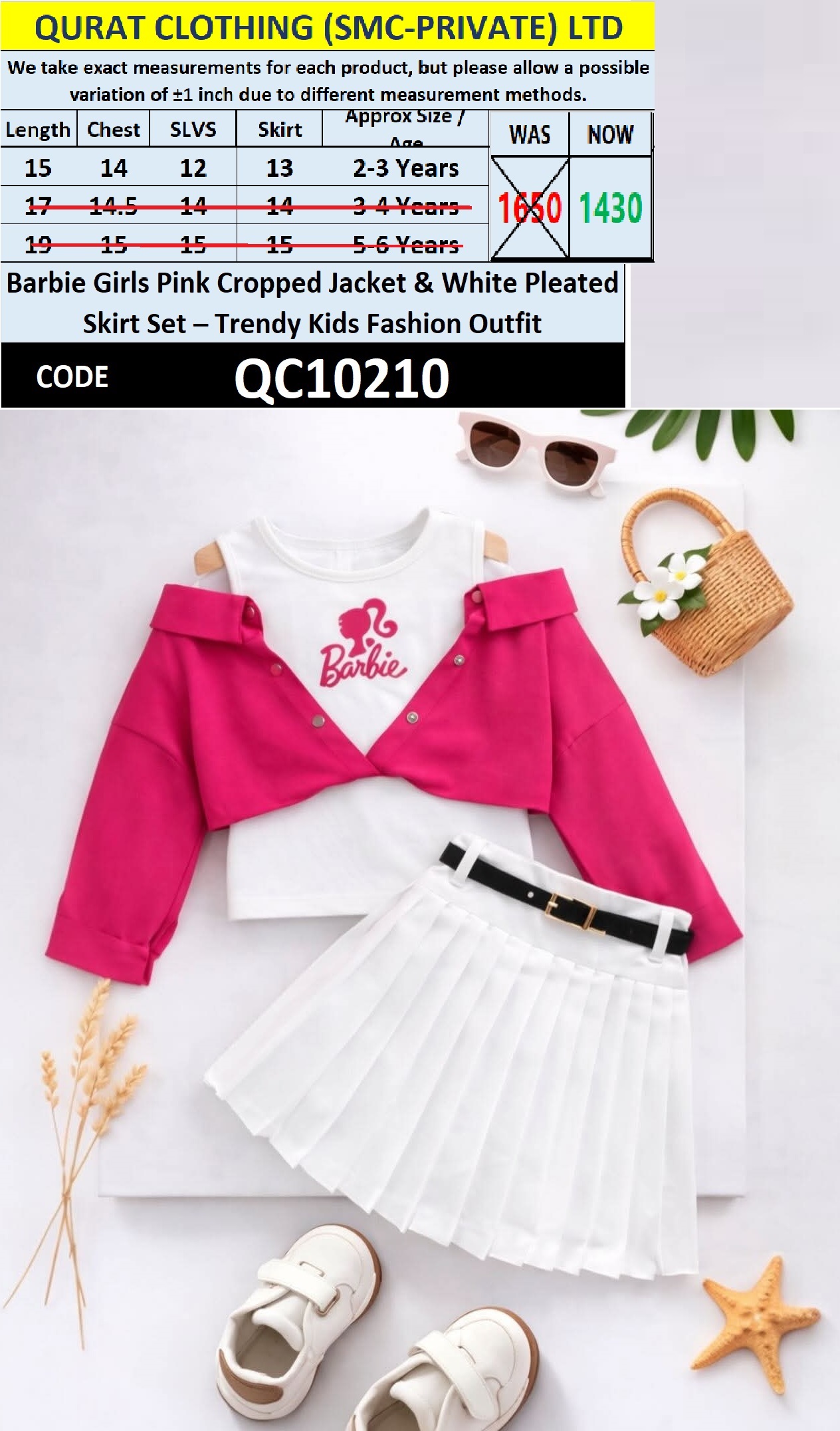Barbie Girls Pink Cropped Jacket & White Pleated Skirt Set – Trendy Kids Fashion Outfit – QC10210 - QC10210