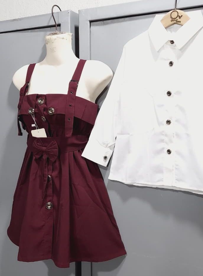 Maroon Pinafore Dress Two Piece Set with White Button-Down Shirt & Front Bow Detail – QC6034 - QC6034