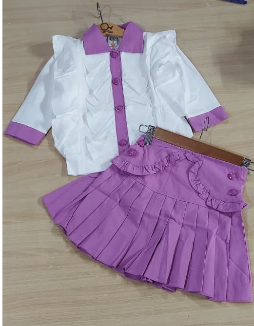 Girls White Ruffle Shirt & Lavender Pleated Skirt 2-Piece Outfit – Elegant Kids Formal Dress – QC10220 - QC10220