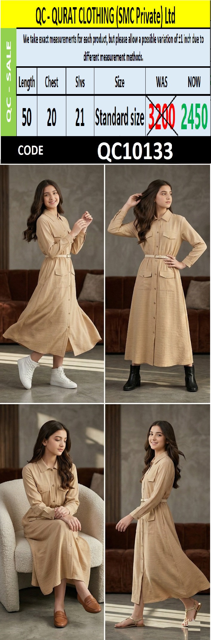 Beige China Crush Fabric Button-Down Maxi Shirt Dress with Utility Pockets & Waist Belt – QC10133 - QC10133