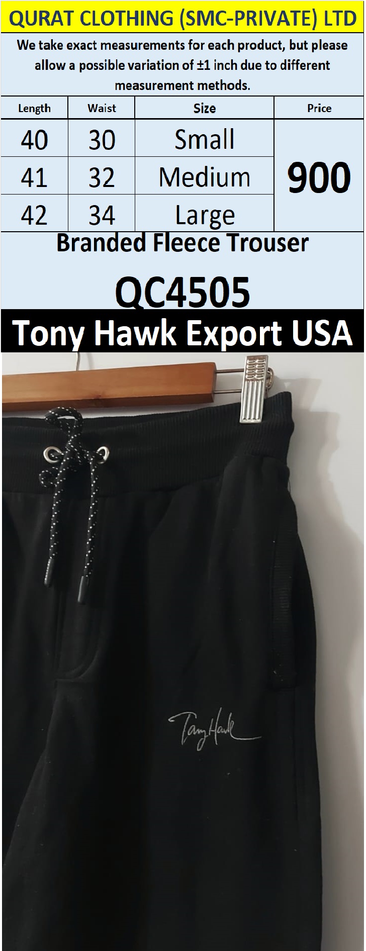 Tony Hawk Brand Fleece Trouser QC4505 Export USA - QC4505