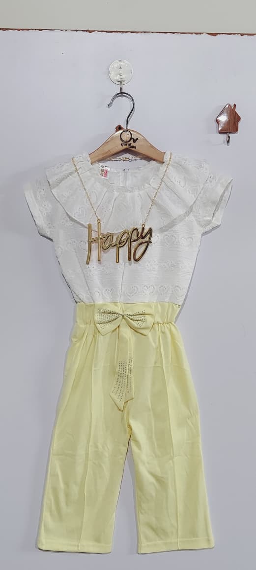 Girls White Cotton Eyelet “Happy” Ruffle Neck Lemon Yellow Bow Belt Jumpsuit QC7074 - QC7074