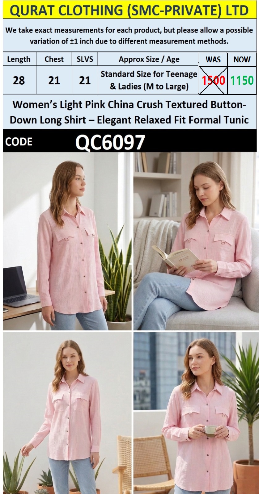 Light Pink China Crush Textured Button-Down Long Shirt – Elegant Relaxed Fit Formal Tunic QC6097 - QC6097