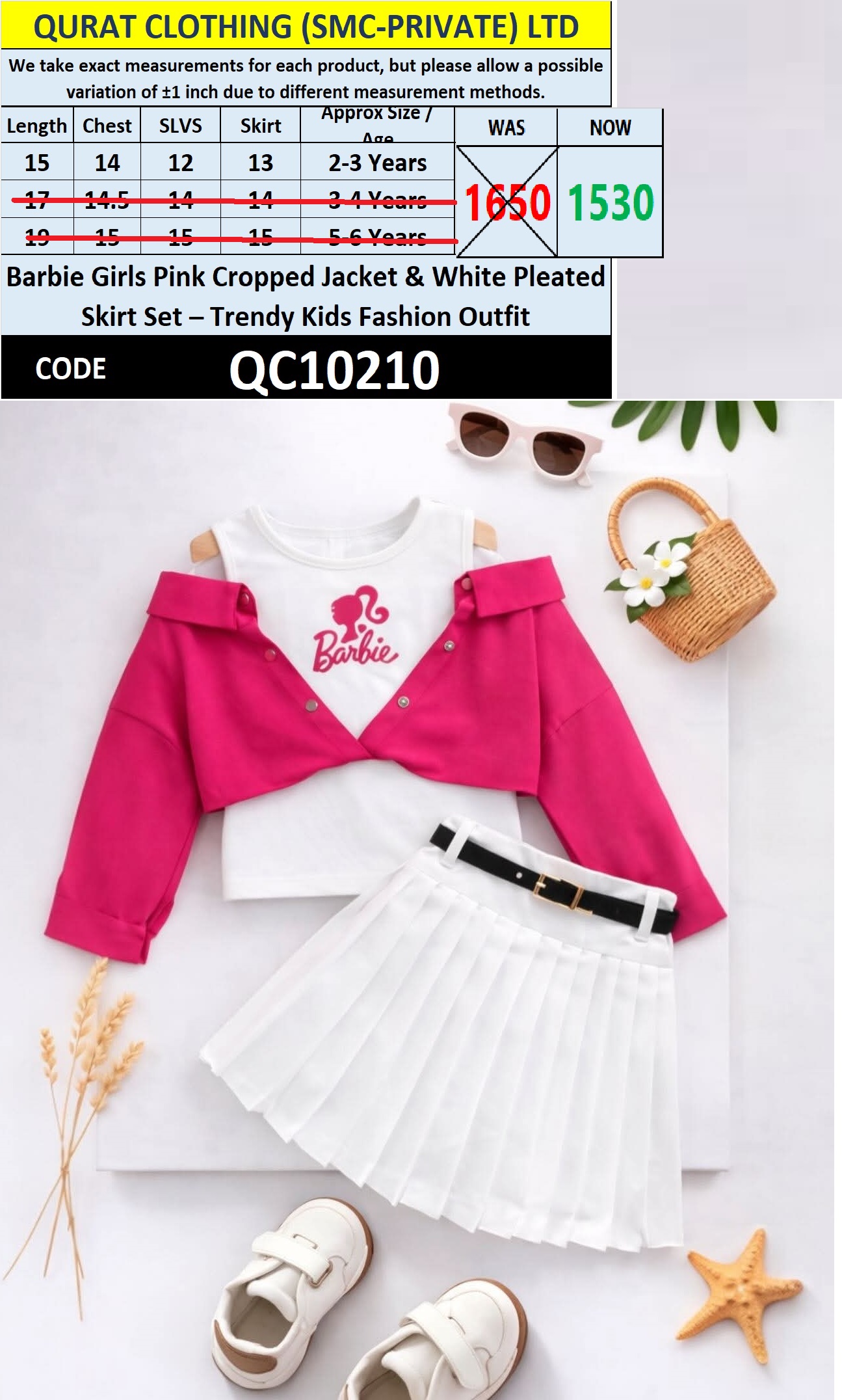 Barbie Girls Pink Cropped Jacket & White Pleated Skirt Set – Trendy Kids Fashion Outfit – QC10210 - QC10210