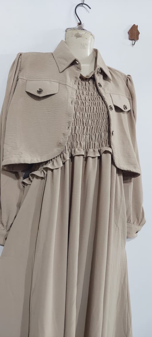 Elegant Beige Soft Georgette Smocked Maxi Dress with Cropped Jacket – Women’s Flowy Party & Modest Wear – QC7005 - QC7005