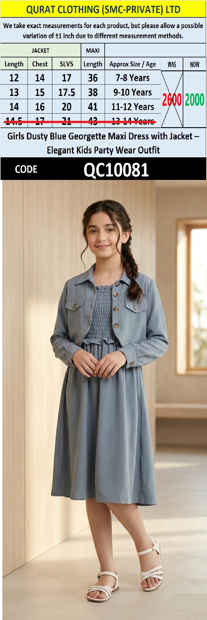 Girls Dusty Blue Georgette Maxi Dress with Jacket – Elegant Kids Party Wear Outfit QC10081 - QC10081
