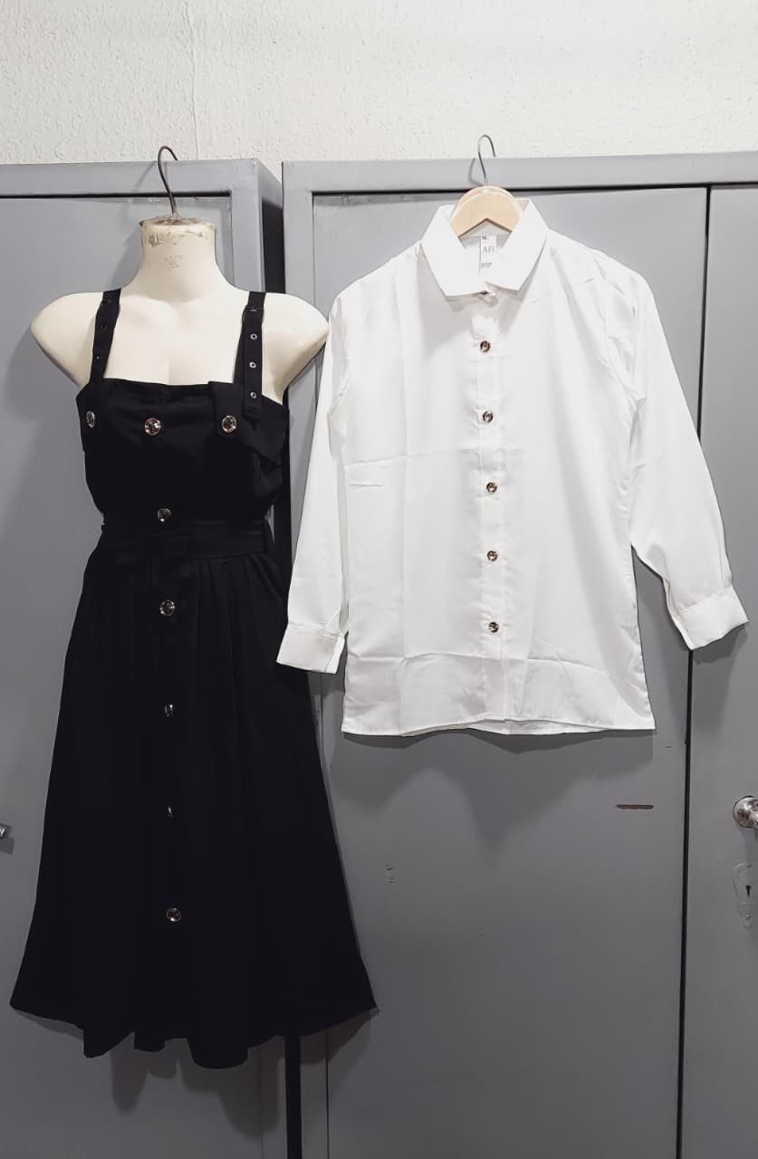Classic Black Pinafore Midi Dress with White Button-Down Shirt Gold Button Detail – 2-Piece Modest Outfit – QC7068 - QC7068