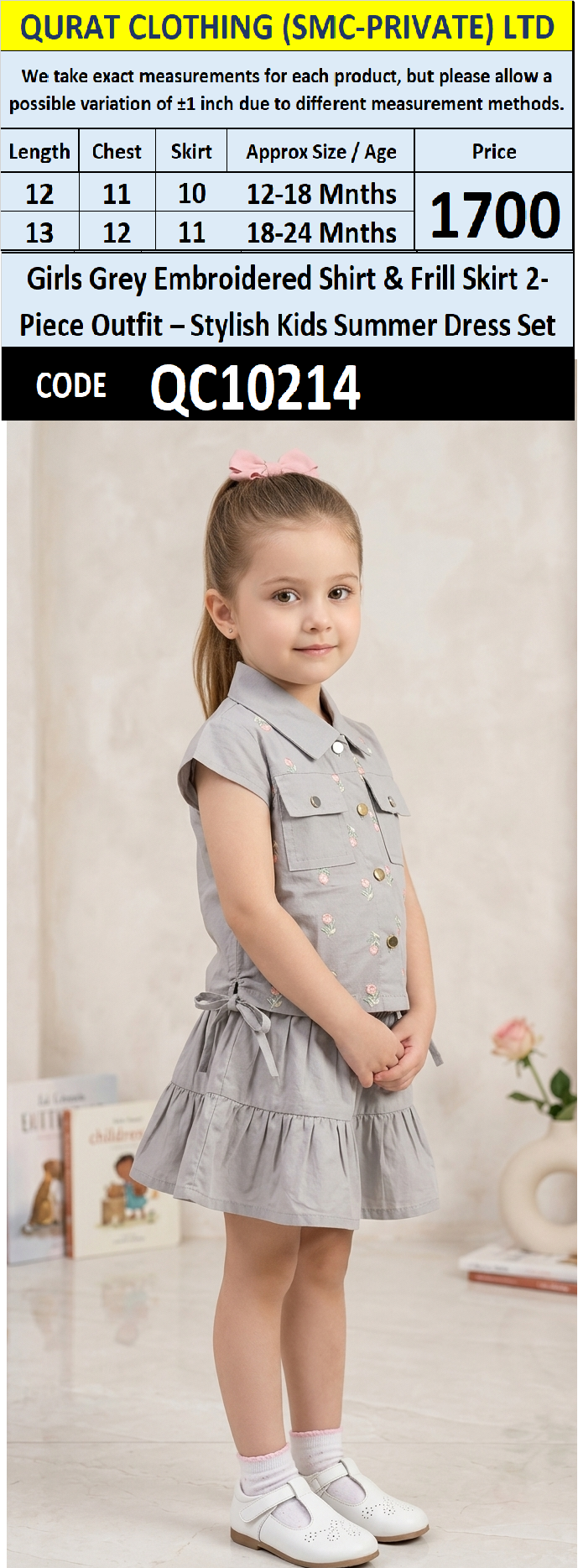 Girls Grey Embroidered Shirt & Frill Skirt 2-Piece Outfit – Stylish Kids Summer Dress Set – QC10214 - QC10214