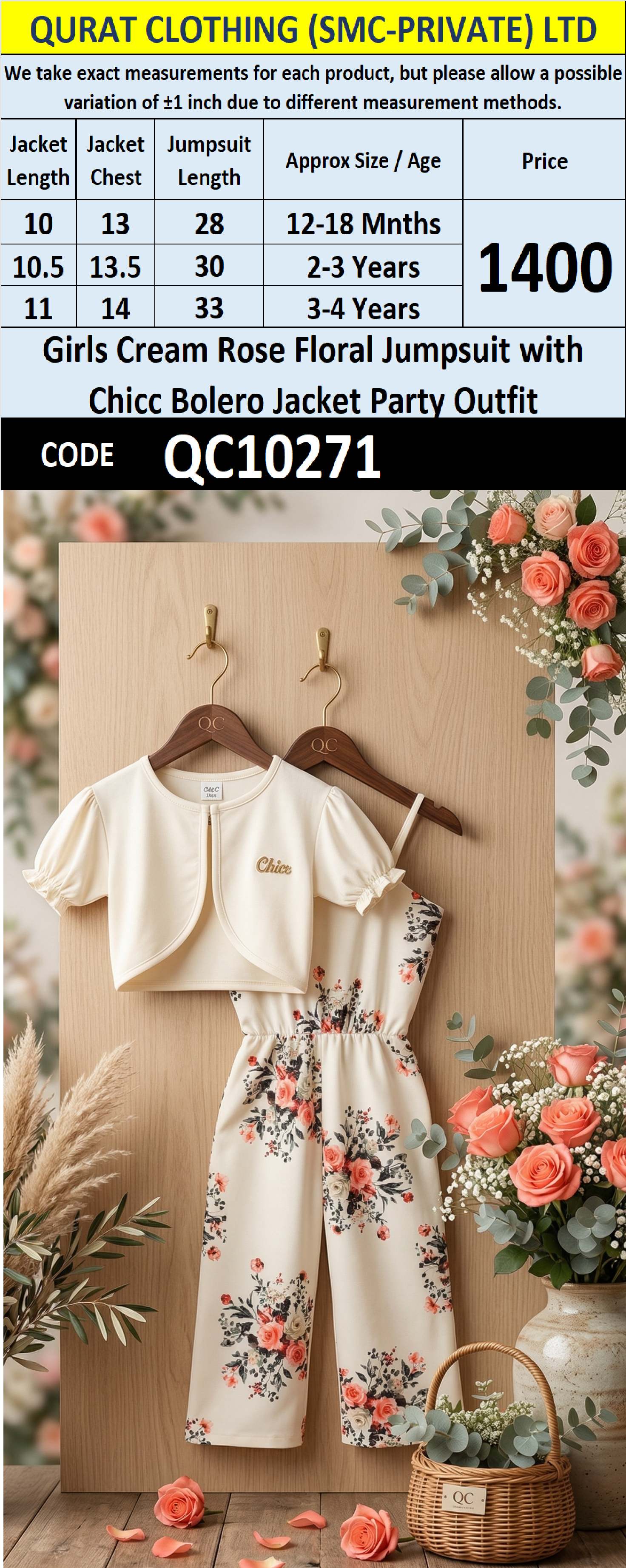 Girls Cream Rose Floral Jumpsuit with Chicc Bolero Jacket Party Outfit – QC10271 - QC10271
