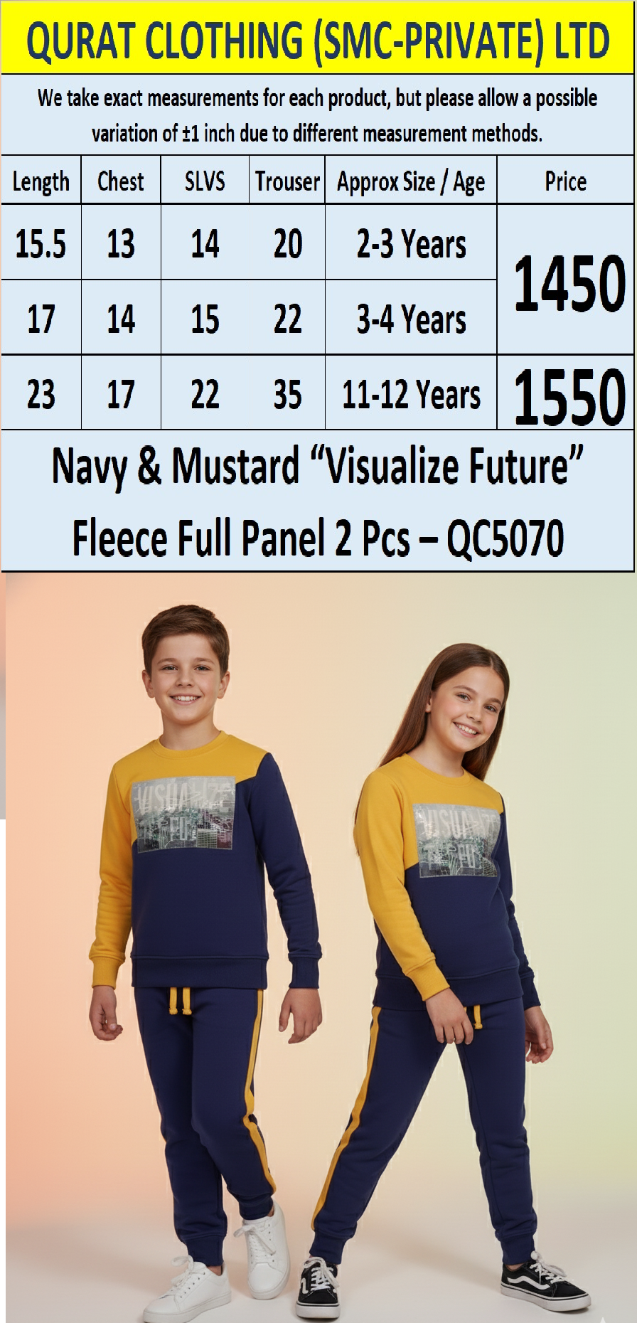 Navy & Mustard “Visualize Future” Fleece Full Panel Two-Piece Set QC5070 - QC5070