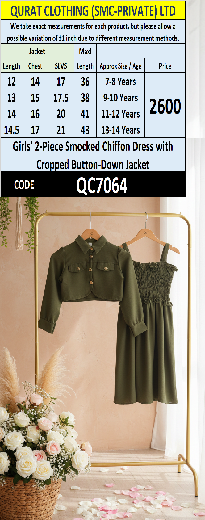 Girls Olive Green Smocked Chiffon Maxi Dress with Cropped Button-Down Jacket – 2 Piece Formal Set QC7064 - QC7064