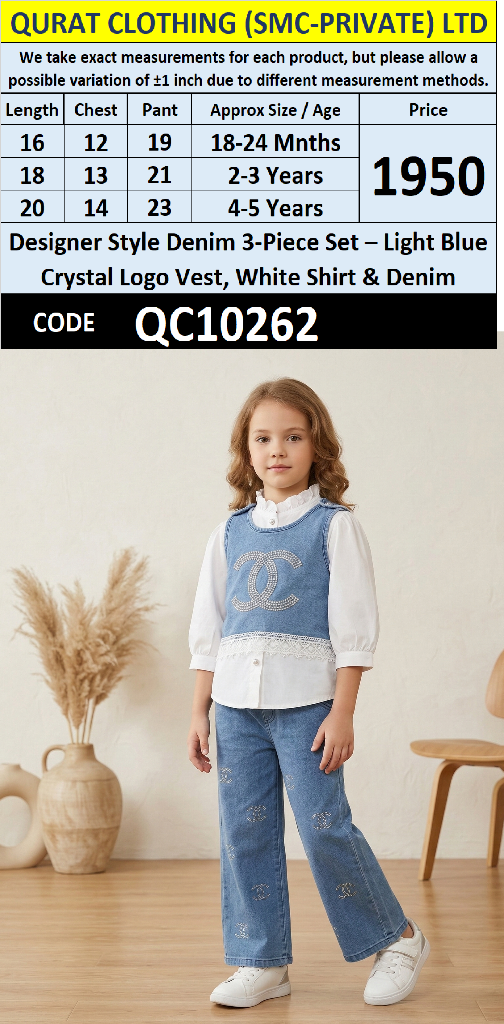 Designer Style Denim 3-Piece Set – Light Blue Crystal Logo Vest, White Shirt & Denim – QC10262 - QC10262