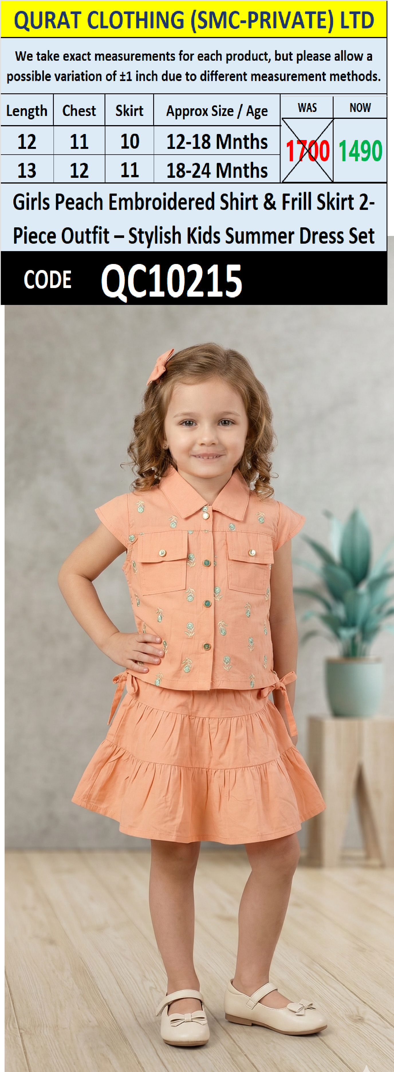 Girls Peach Embroidered Shirt & Frill Skirt 2-Piece Outfit – Stylish Kids Summer Dress Set – QC10215 - QC10215