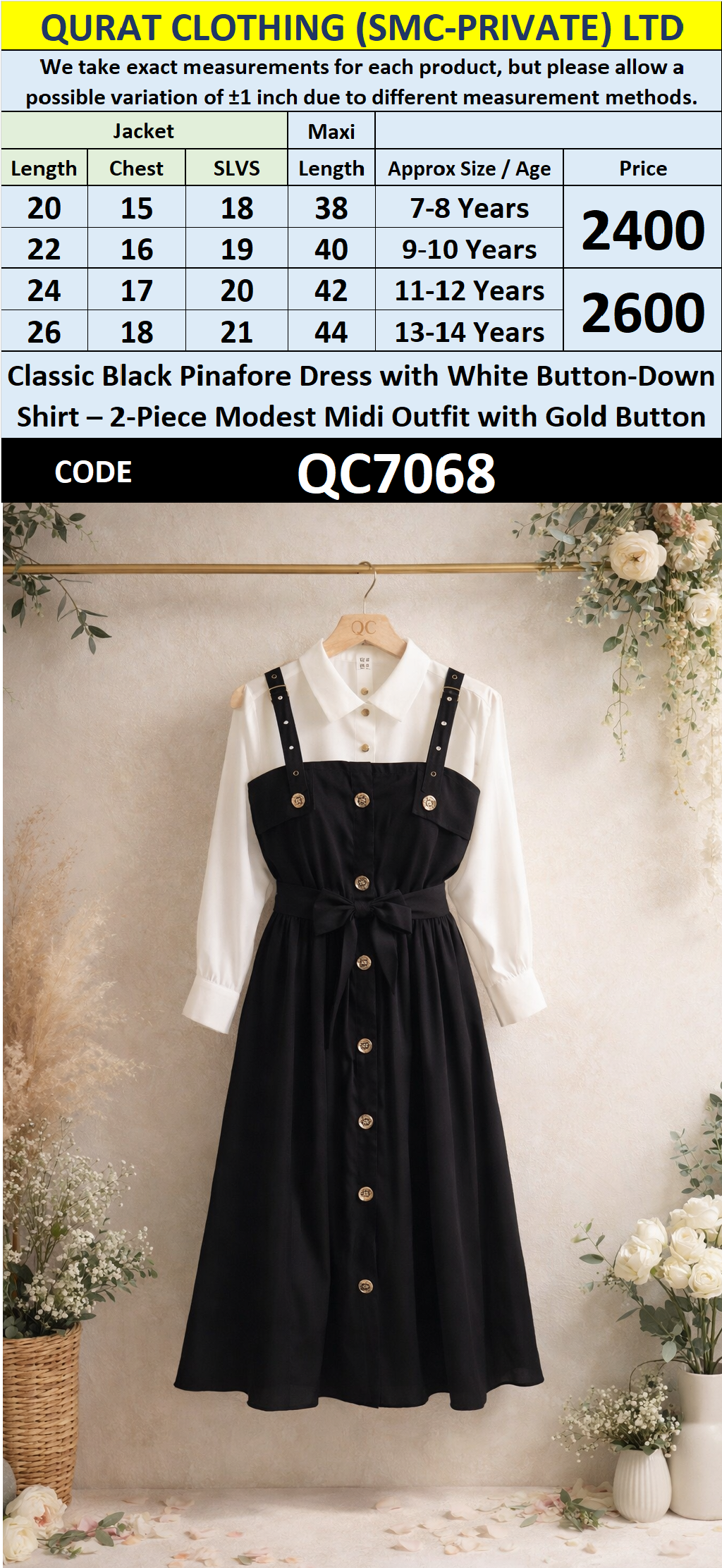 Classic Black Pinafore Midi Dress with White Button-Down Shirt Gold Button Detail – 2-Piece Modest Outfit – QC7068 - QC7068
