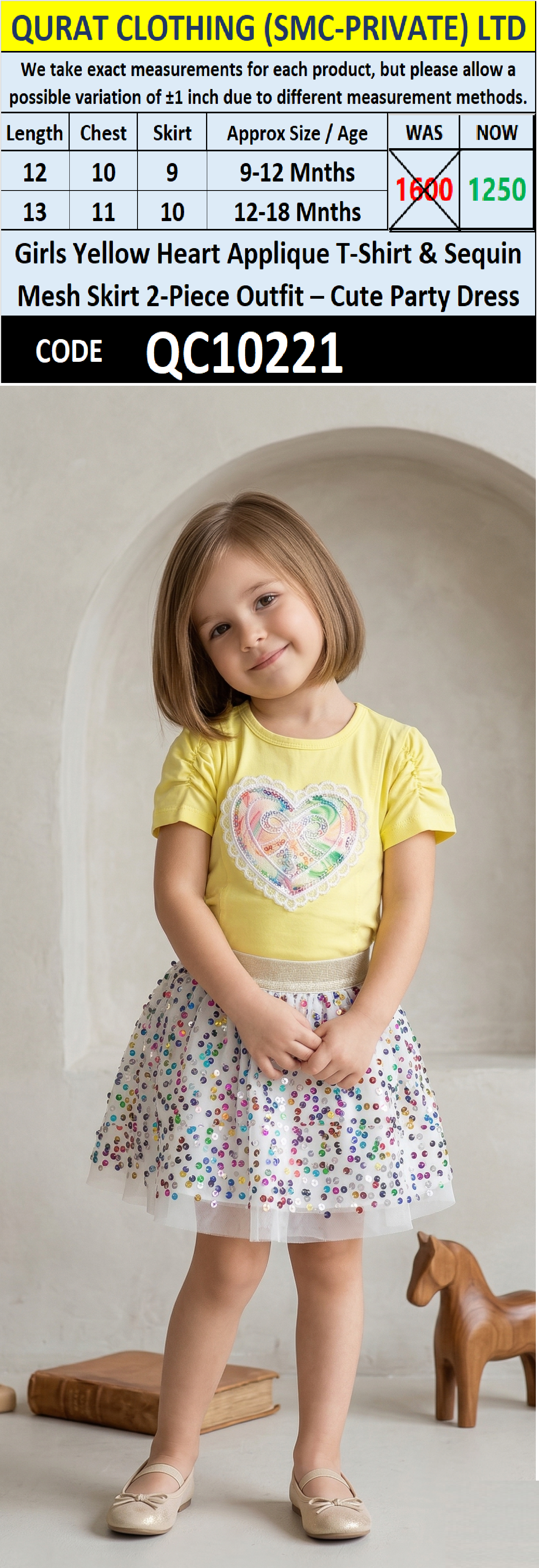 Girls Yellow Heart Applique T-Shirt & Sequin Mesh Skirt 2-Piece Outfit – Cute Party Dress – QC10221 - QC10221