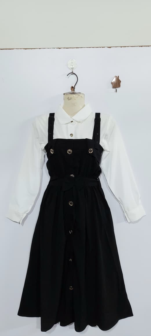 Classic Black Pinafore Midi Dress with White Button-Down Shirt Gold Button Detail – 2-Piece Modest Outfit – QC7068 - QC7068