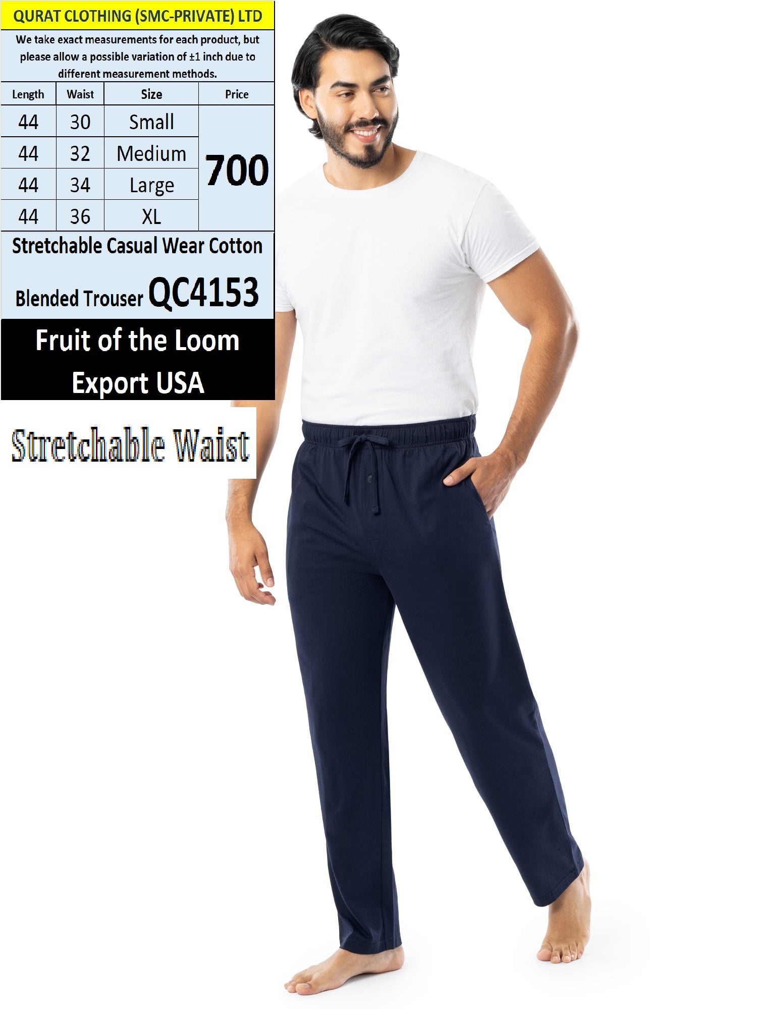 Blue Fruit of Loom Brand Casual Wear Cotton Blended Trousers QC4153 Export USA - QC4153