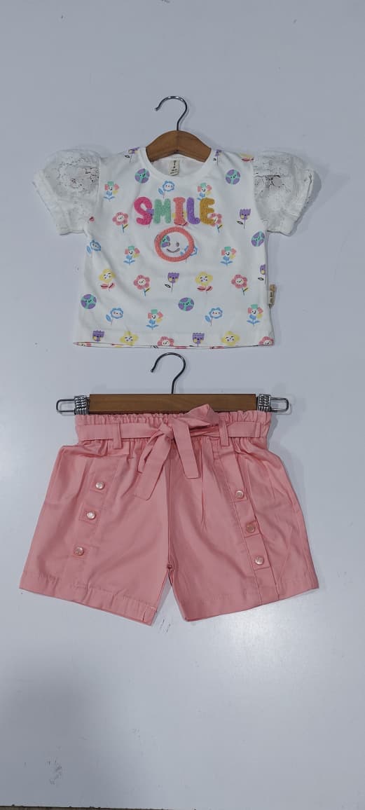 Girls SMILE Floral Print Lace Sleeve Top with Pink Paperbag Waist Shorts Summer Outfit Set – QC10260 - QC10260