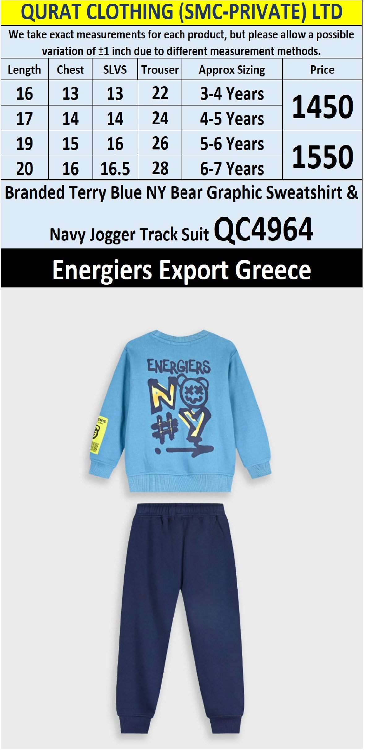 Energiers Brand Blue “NY Bear Graphic” Terry Sweatshirt & Navy Jogger Track Suit QC4964 – Export Greece - QC4964