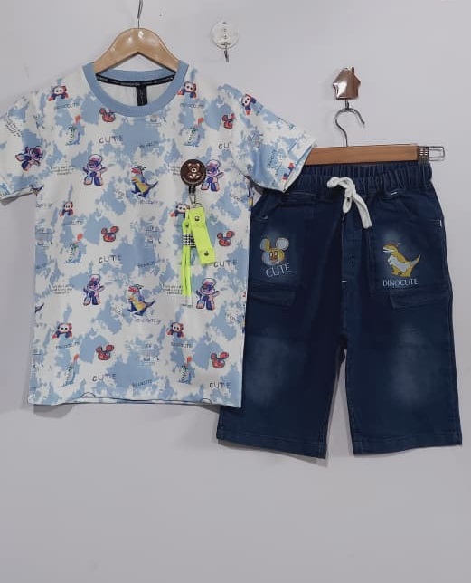 Sky Blue Cartoon Dino & Astronaut “Cute” Graphic T-Shirt with Denim Shorts QC10296 - QC10296