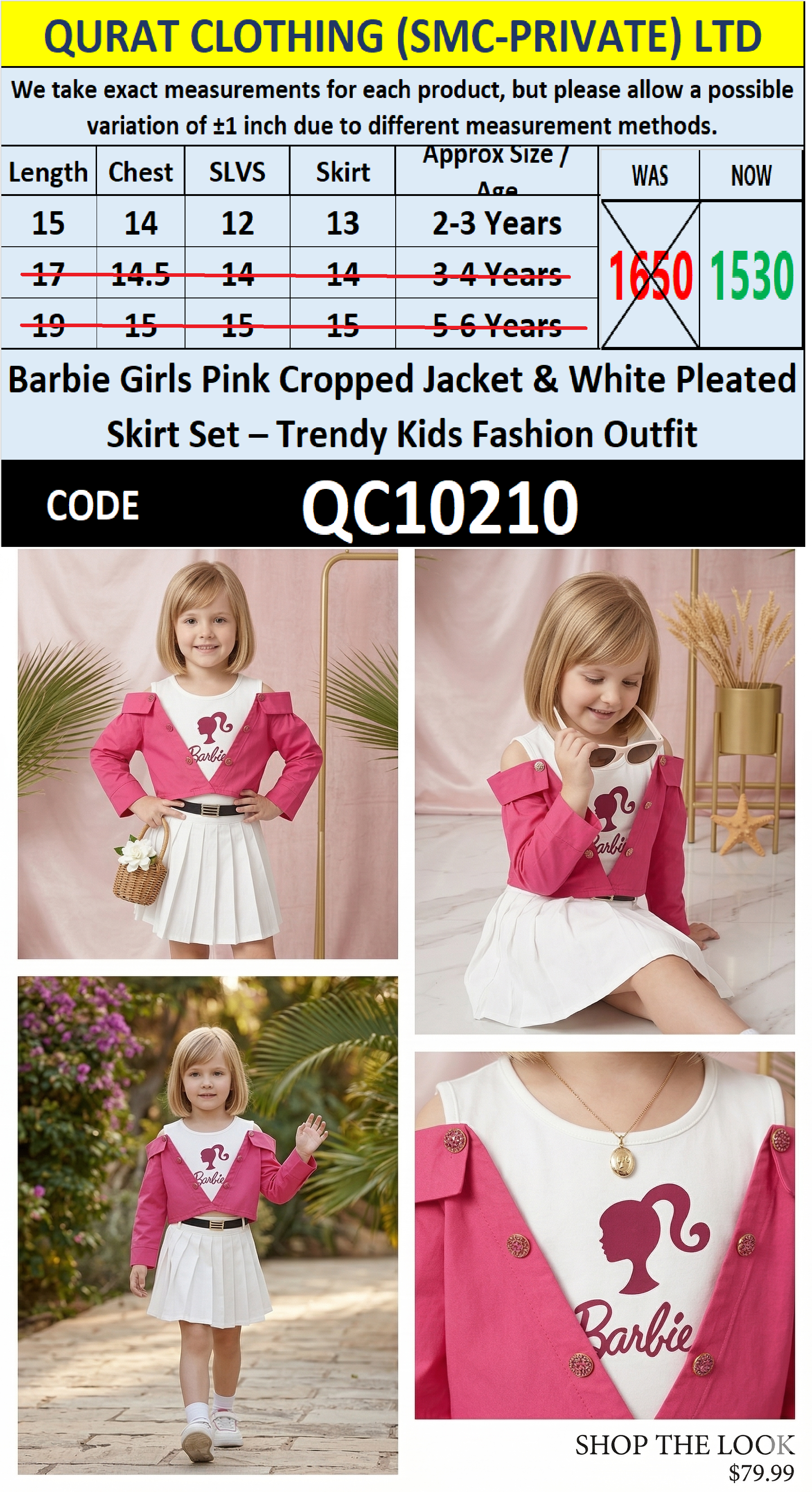 Barbie Girls Pink Cropped Jacket & White Pleated Skirt Set – Trendy Kids Fashion Outfit – QC10210 - QC10210