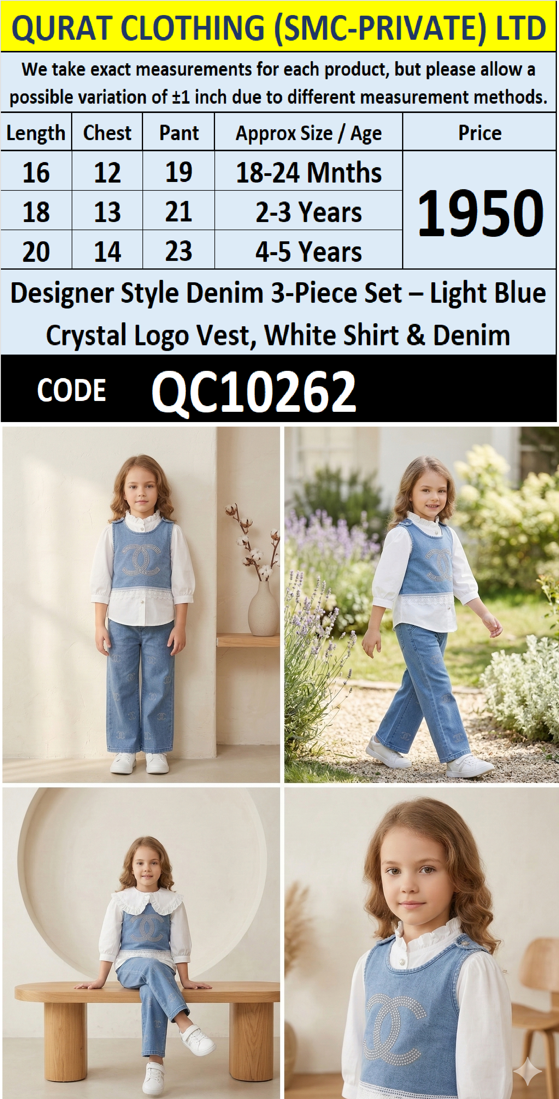 Designer Style Denim 3-Piece Set – Light Blue Crystal Logo Vest, White Shirt & Denim – QC10262 - QC10262