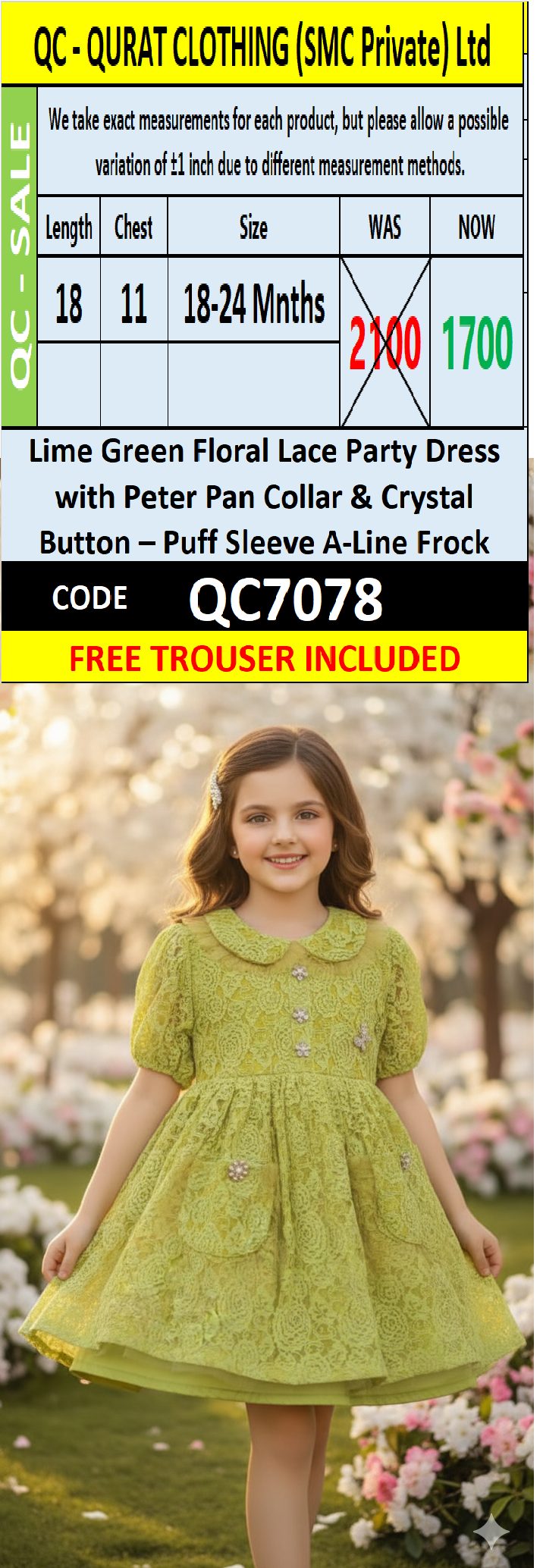 Lime Green Floral Lace Party Dress with Peter Pan Collar & Crystal Button – Puff Sleeve A-Line Frock QC7078 - QC7078