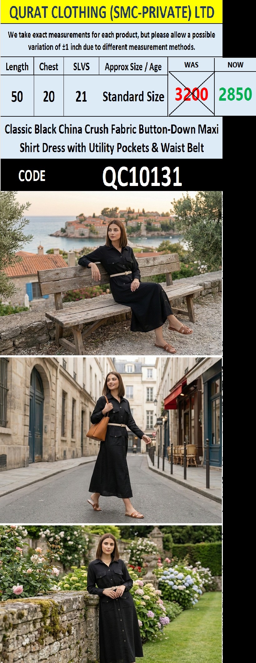 Classic Black China Crush Fabric Button-Down Maxi Shirt Dress with Utility Pockets & Waist Belt – QC10131 - QC10131