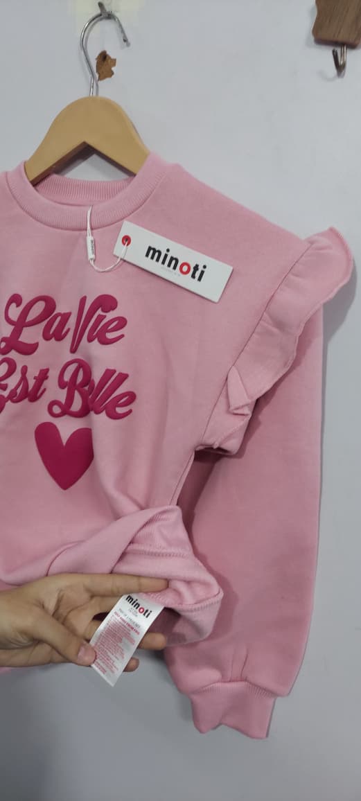 Branded Export Pink La Vie Est Belle Ruffle Thick Fleece 2-Piece Tracksuit Minoti EXPORT - London QC11739 - QC11739