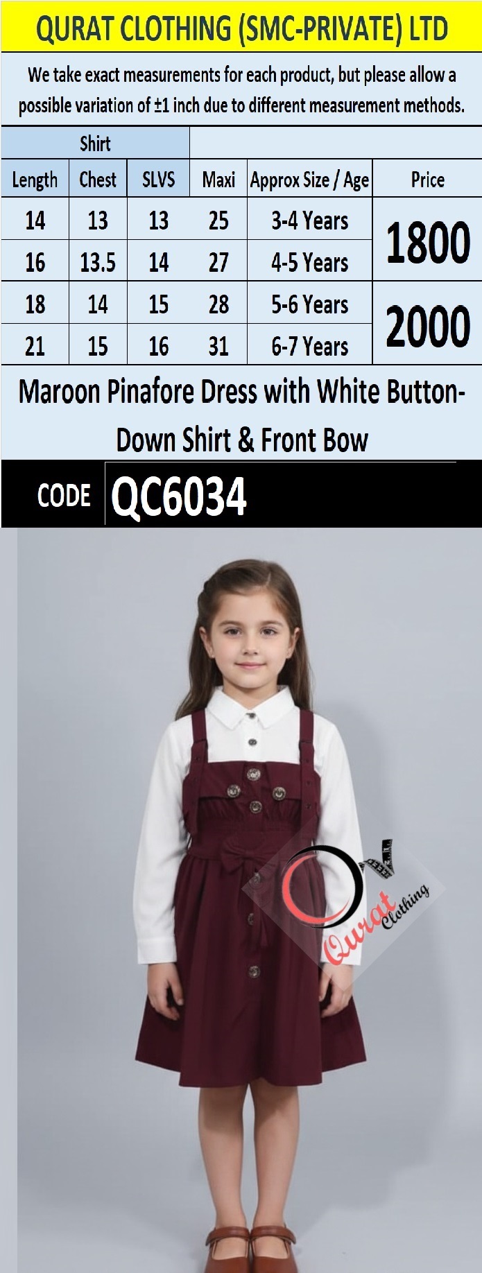 Maroon Pinafore Dress Two Piece Set with White Button-Down Shirt & Front Bow Detail – QC6034 - QC6034