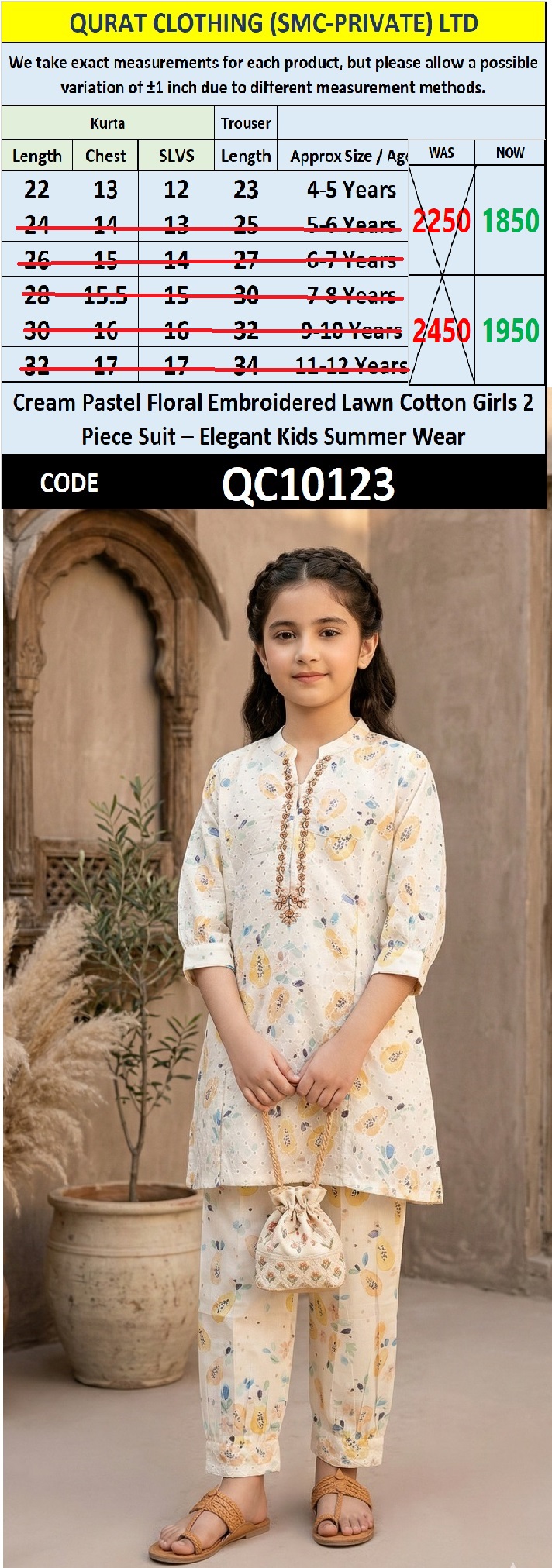 Cream Pastel Floral Embroidered Lawn Cotton Girls 2 Piece Suit – Elegant Kids Summer Wear QC10123 - QC10123