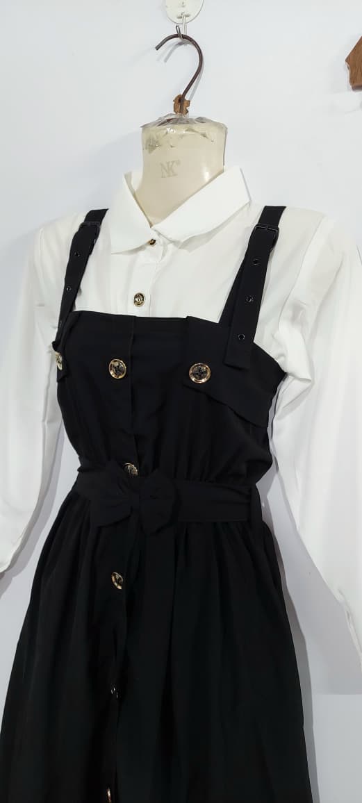Classic Black Pinafore Midi Dress with White Button-Down Shirt Gold Button Detail – 2-Piece Modest Outfit – QC7068 - QC7068