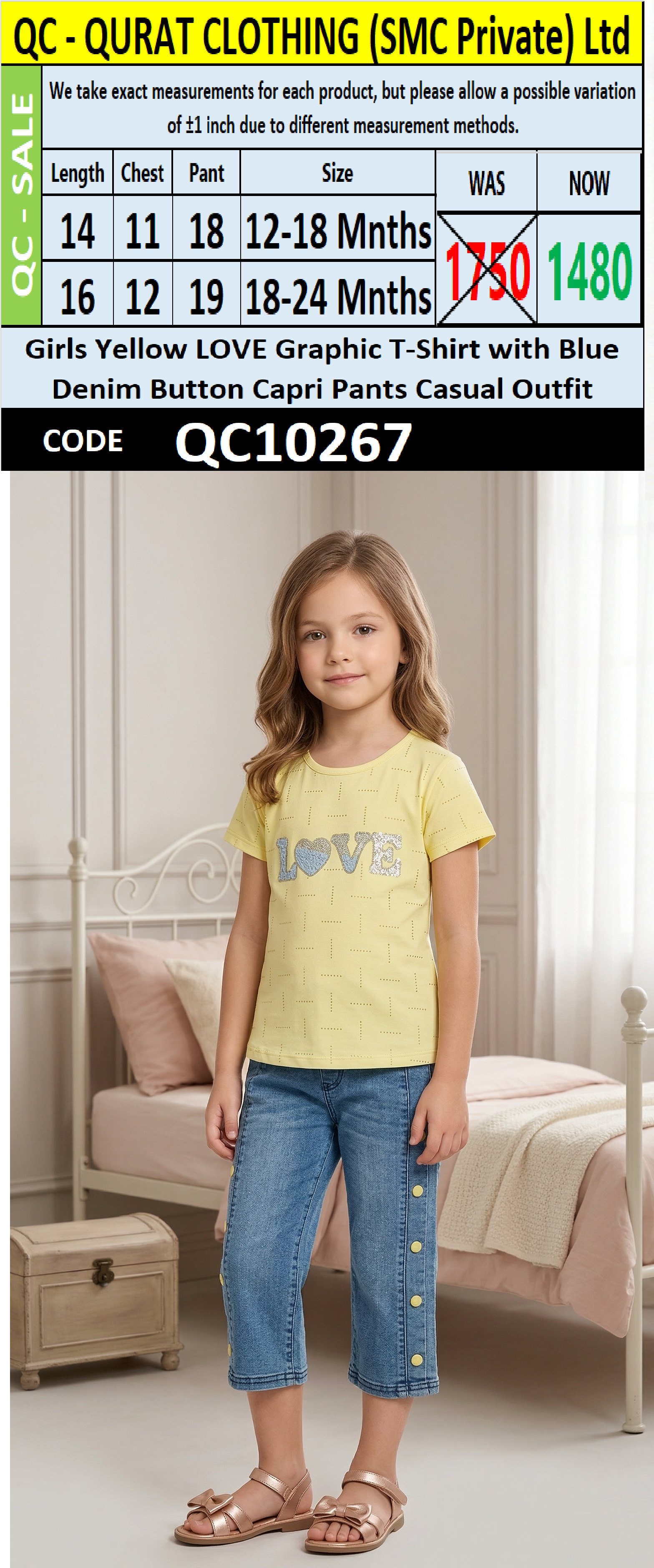 Girls Yellow LOVE Graphic T-Shirt with Blue Denim Button Capri Pants Casual Outfit - QC10267 - QC10267