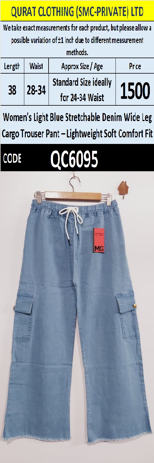 Women’s Light Blue Stretchable Denim Wide Leg Cargo Pant– Lightweight Soft Comfort Fit QC6095 - QC6095