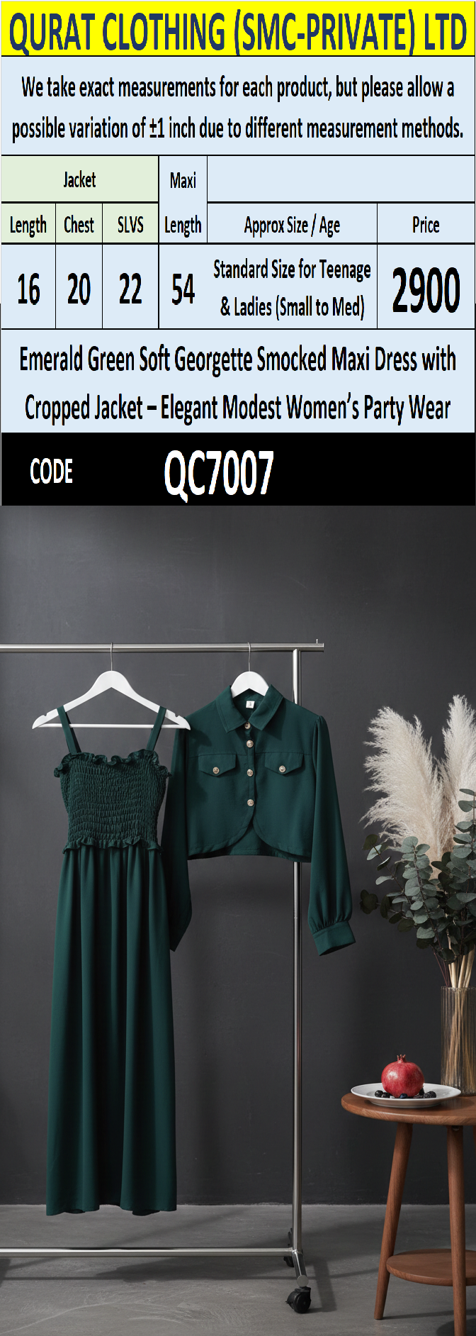 Emerald Green Soft Georgette Smocked Maxi Dress with Cropped Jacket – Elegant Modest Women’s Party Wear – QC7007 - QC7007