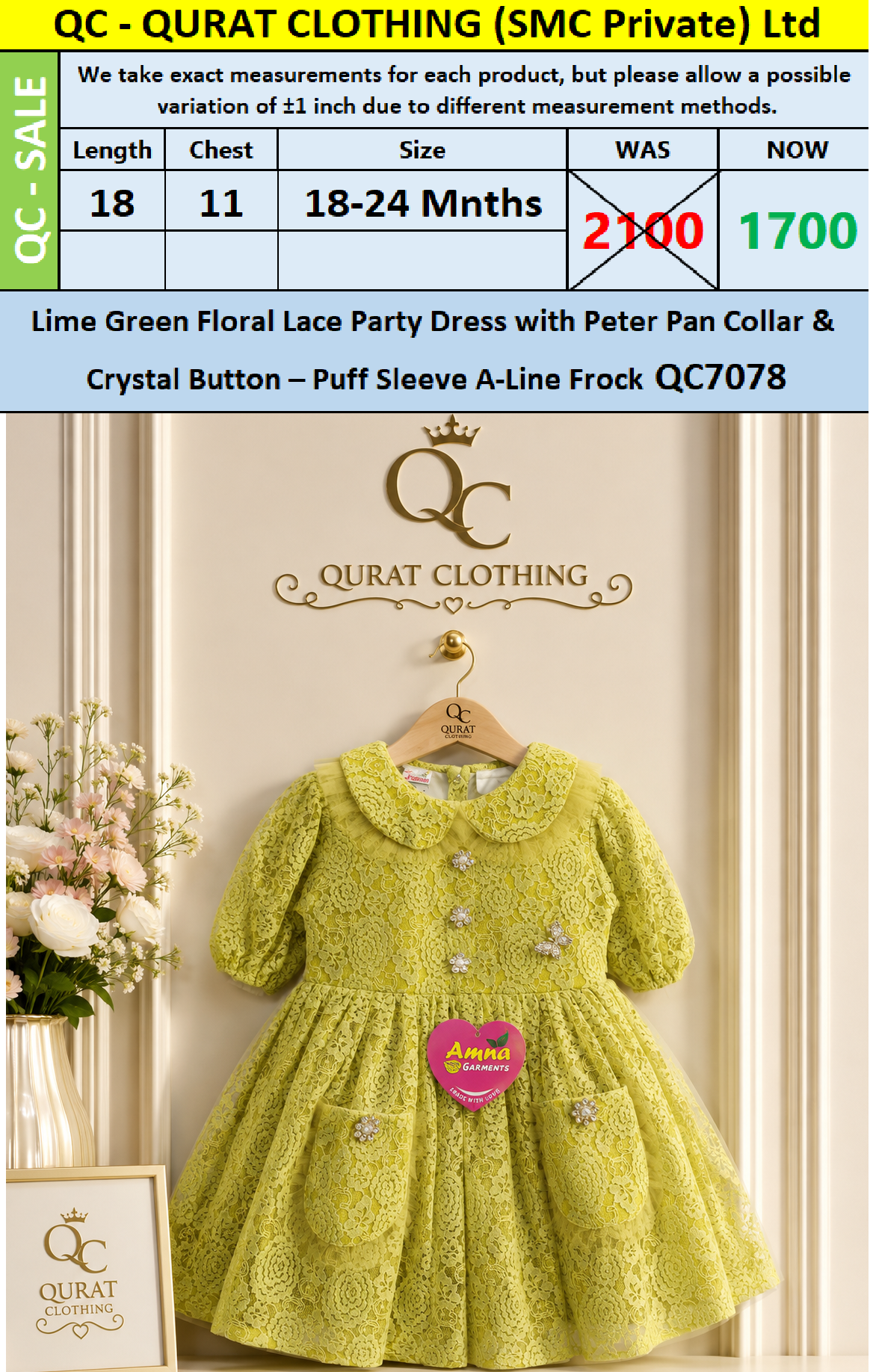 Lime Green Floral Lace Party Dress with Peter Pan Collar & Crystal Button – Puff Sleeve A-Line Frock QC7078 - QC7078