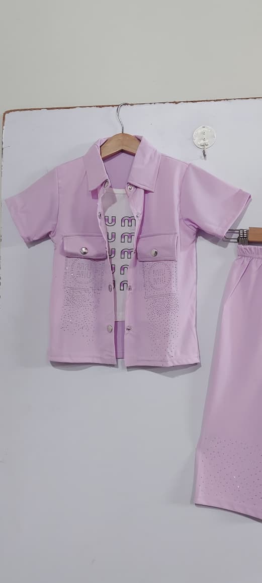 Girls Lilac 3-Piece Shirt Jacket Set with Graphic Tee & Wide-Leg Trouser – QC10254 - QC10254